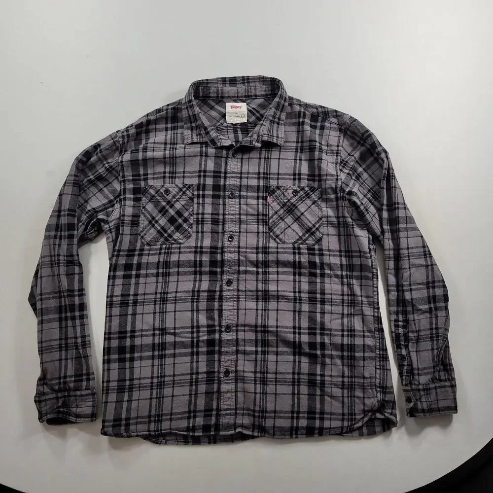 Levis Shirt Mens Large Grey Plaid Long Sleeve‎ Button Up Soft Cotton